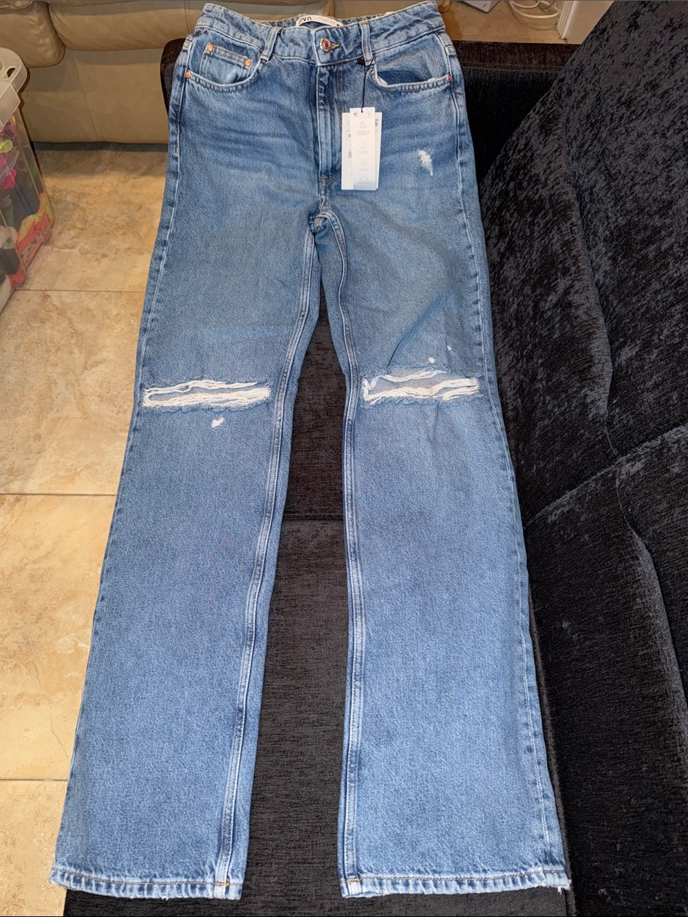 Zara Light Wash Distressed Straight Leg Jeans